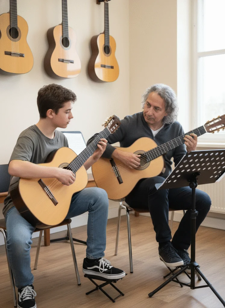 Gitarrenlehrer unterrichtet einen Jugendlichen