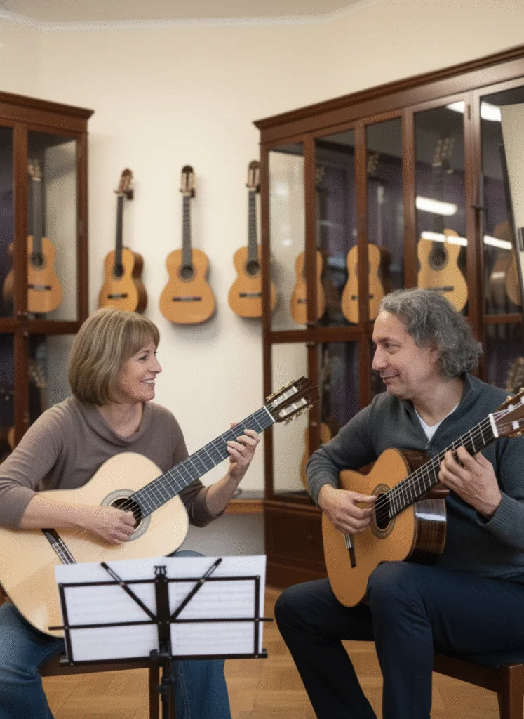 Erwachsenen Frau nimmt Gitarrenunterricht